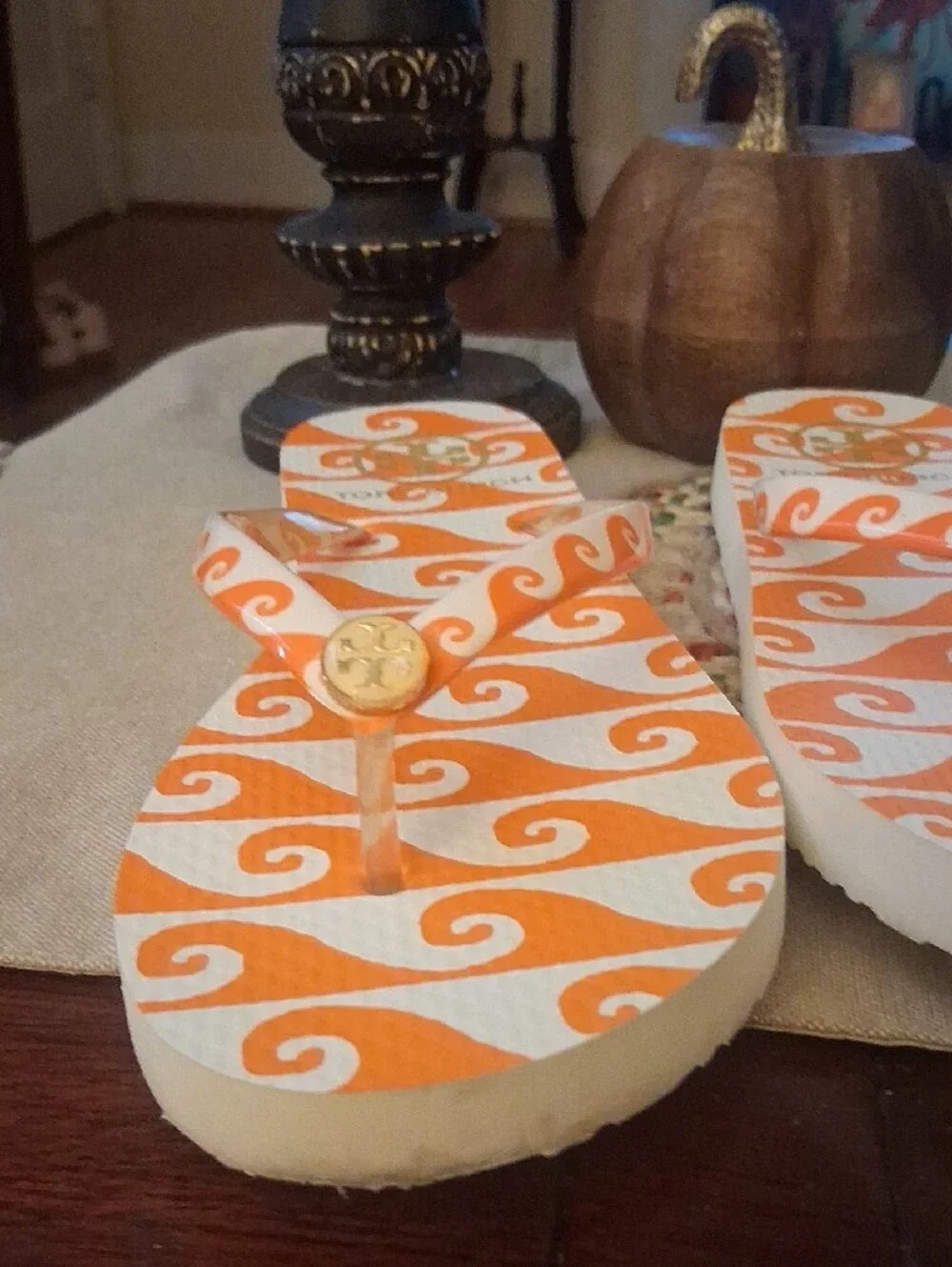 Tory Burch Orange & White Wave Flip Flop Sandals with Gold Logo